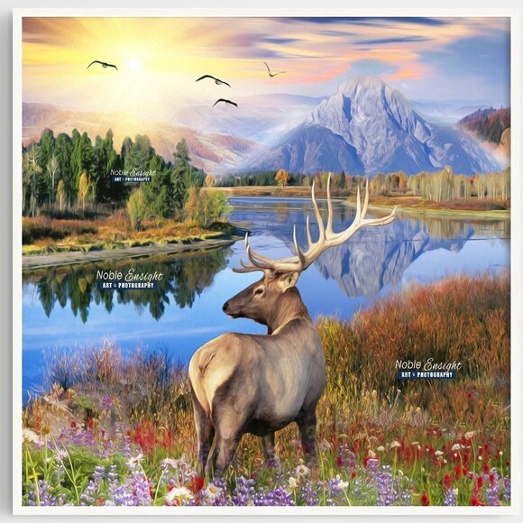 8x8 Landscape Elk Sunset Floral Wall Art Watercolor Oil Painting Art Print - Picture 3 of 7